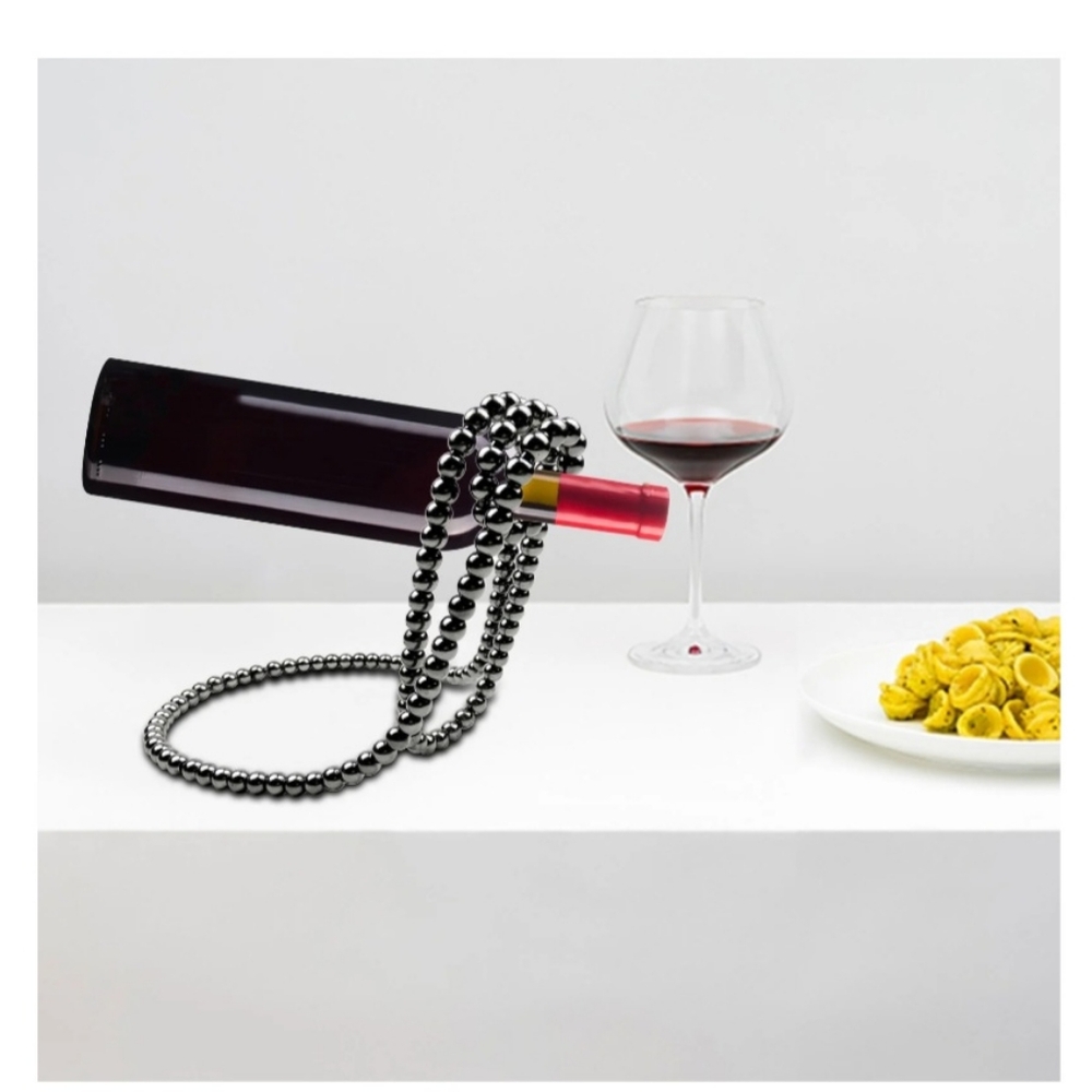 Elegant Metallic Black Beaded Resin Pearl Necklace Floating Wine Rack, W